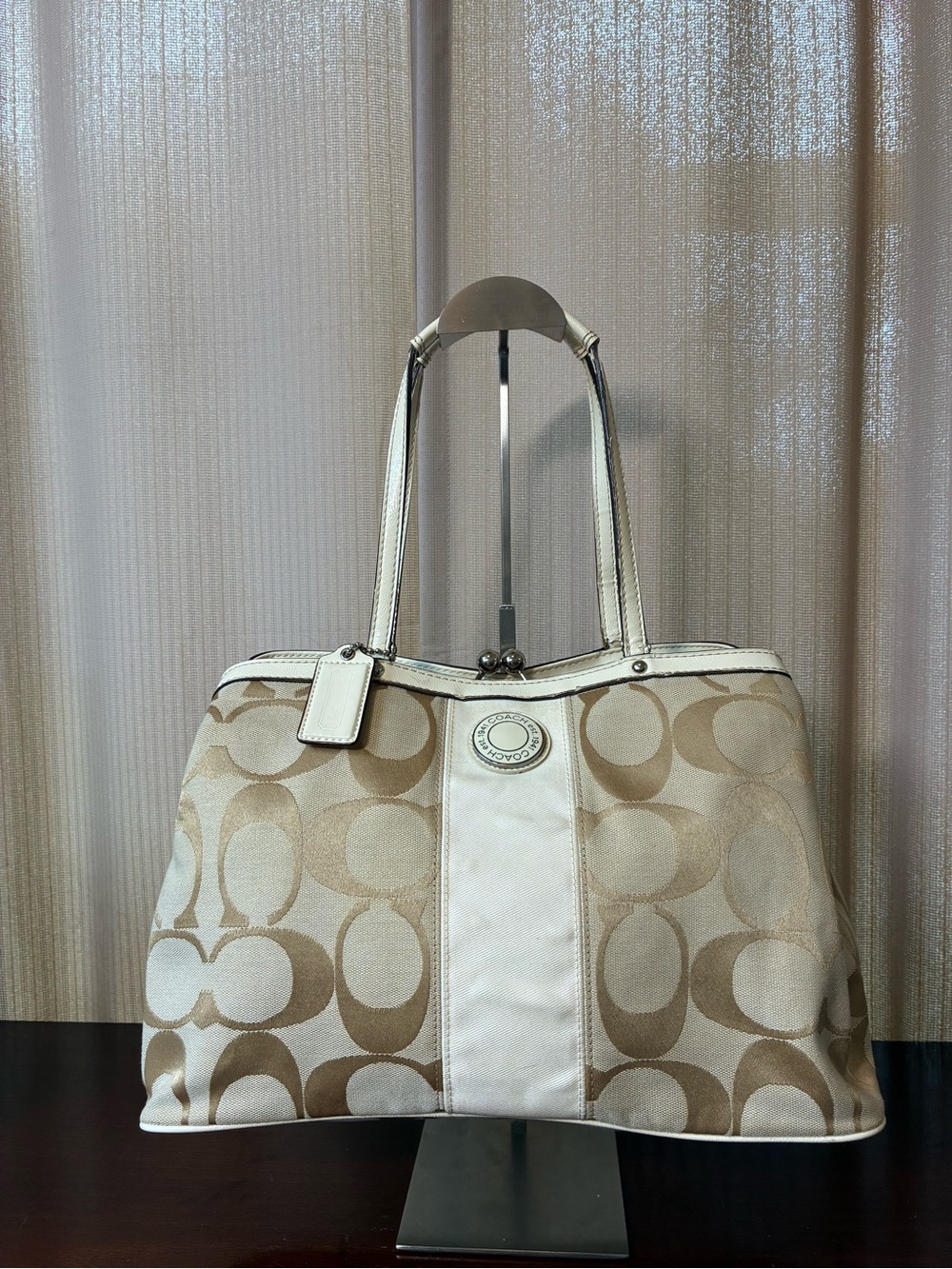 Coach Signature Kisslock Framed Carryall Canvas Tote